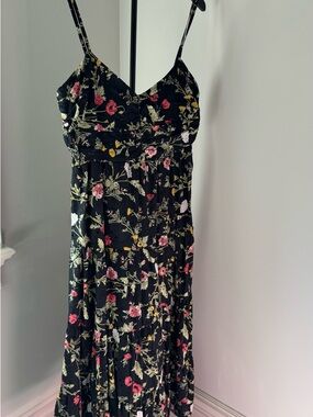 Zara Black Floral Eyelet Spaghetti-Strap Maxi Dress with Pink & Yellow Blooms